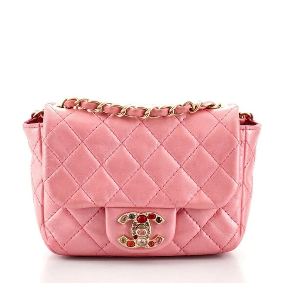 RARE Authentic CHANEL Lambskin Quilted Precious Jewel Mini Flap Bag Pink - Picture 1 of 16